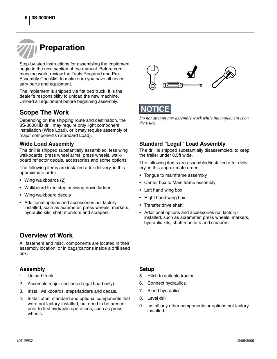 Preparation, Scope the work, Wide load assembly | Standard “legal” load assembly, Overview of work, Assembly, Setup, Preparation scope the work, Wide load assembly standard “legal” load assembly, Assembly setup | Great Plains 3S-3000HDF Predelivery Manual User Manual | Page 8 / 48
