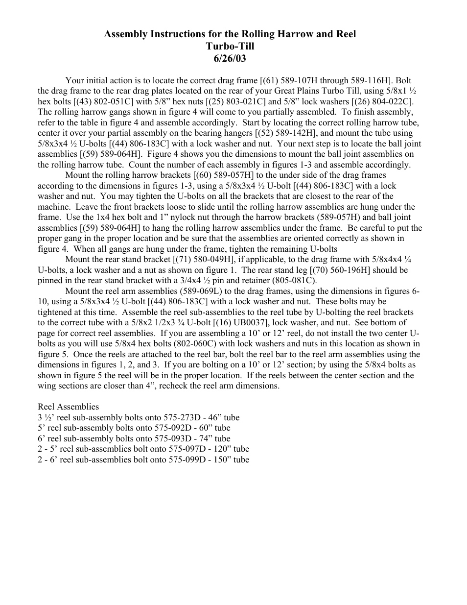 Great Plains 1200TT Rolling Harrow & Reel Assembly Instructions User Manual | 7 pages