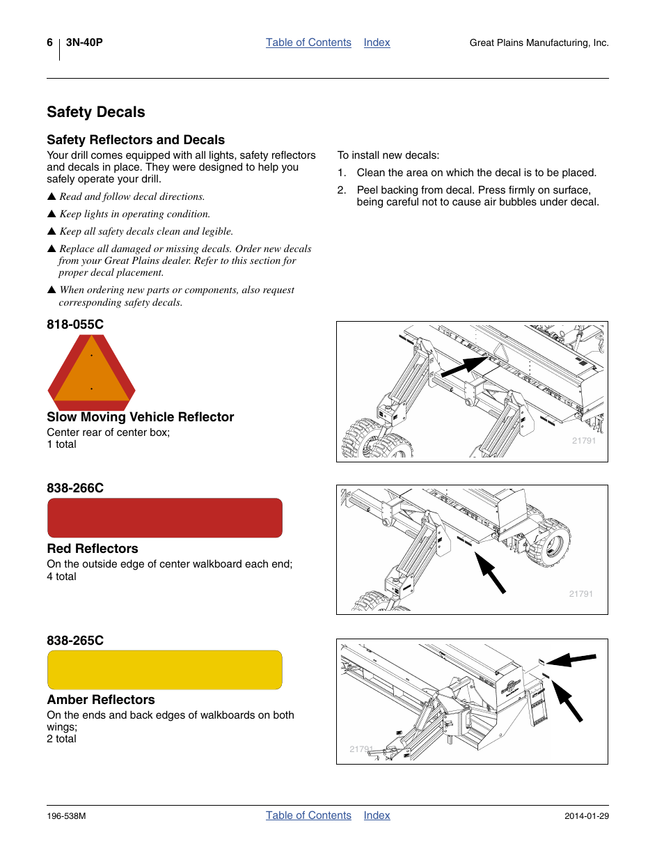 Safety decals, Safety reflectors and decals, 055c slow moving vehicle reflector | 266c red reflectors, 265c amber reflectors | Great Plains 3N-4025P Operator Manual User Manual | Page 10 / 194