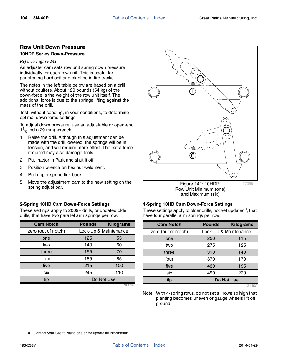 Row unit down pressure, 10hdp series down-pressure, Spring 10hd cam down-force settings | Great Plains 3N-4025P Operator Manual User Manual | Page 108 / 194