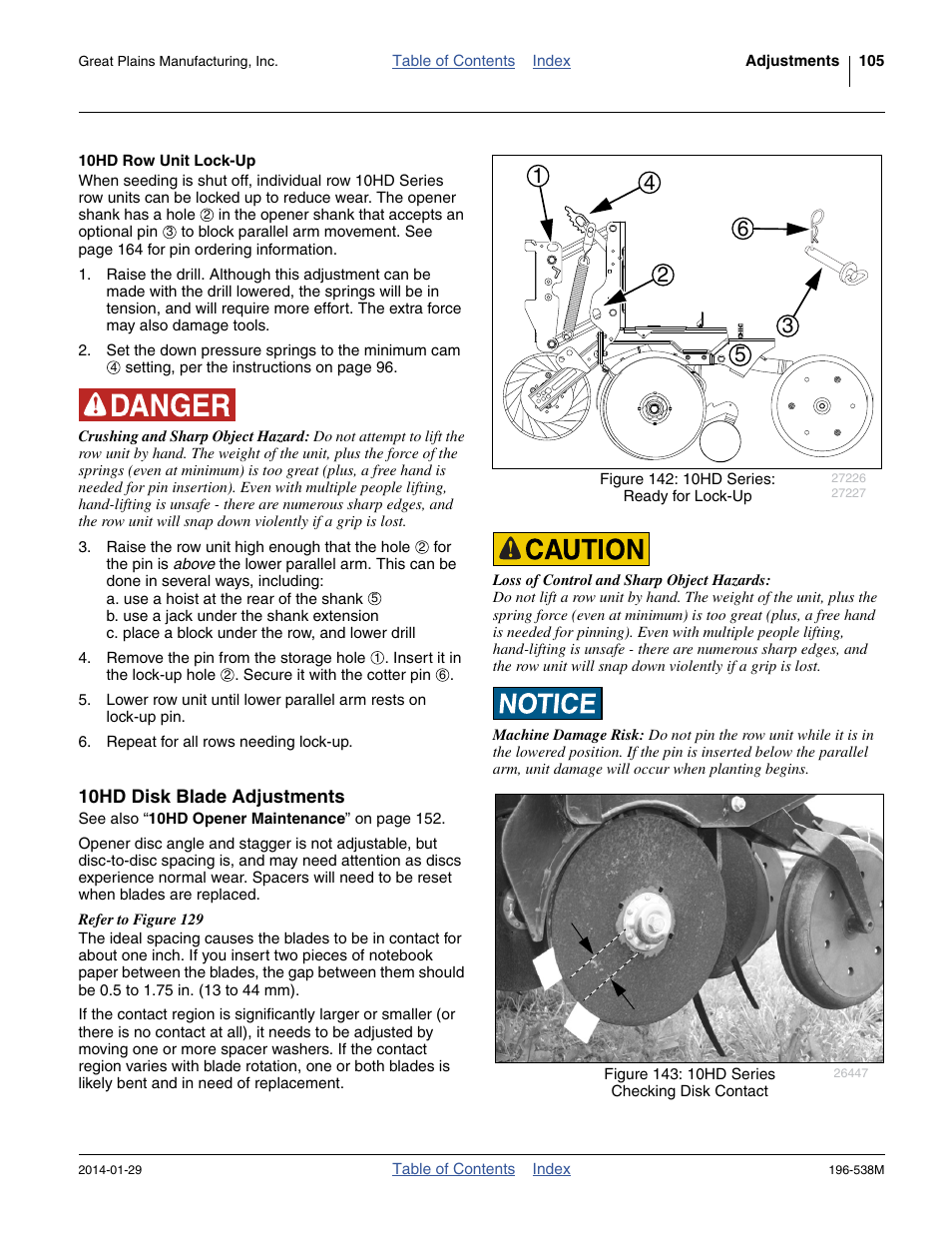 10hd row unit lock-up, 10hd disk blade adjustments | Great Plains 3N-4025P Operator Manual User Manual | Page 109 / 194