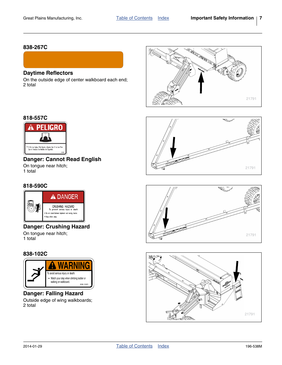 267c daytime reflectors, 557c danger: cannot read english, 590c danger: crushing hazard | 102c danger: falling hazard, Warning | Great Plains 3N-4025P Operator Manual User Manual | Page 11 / 194