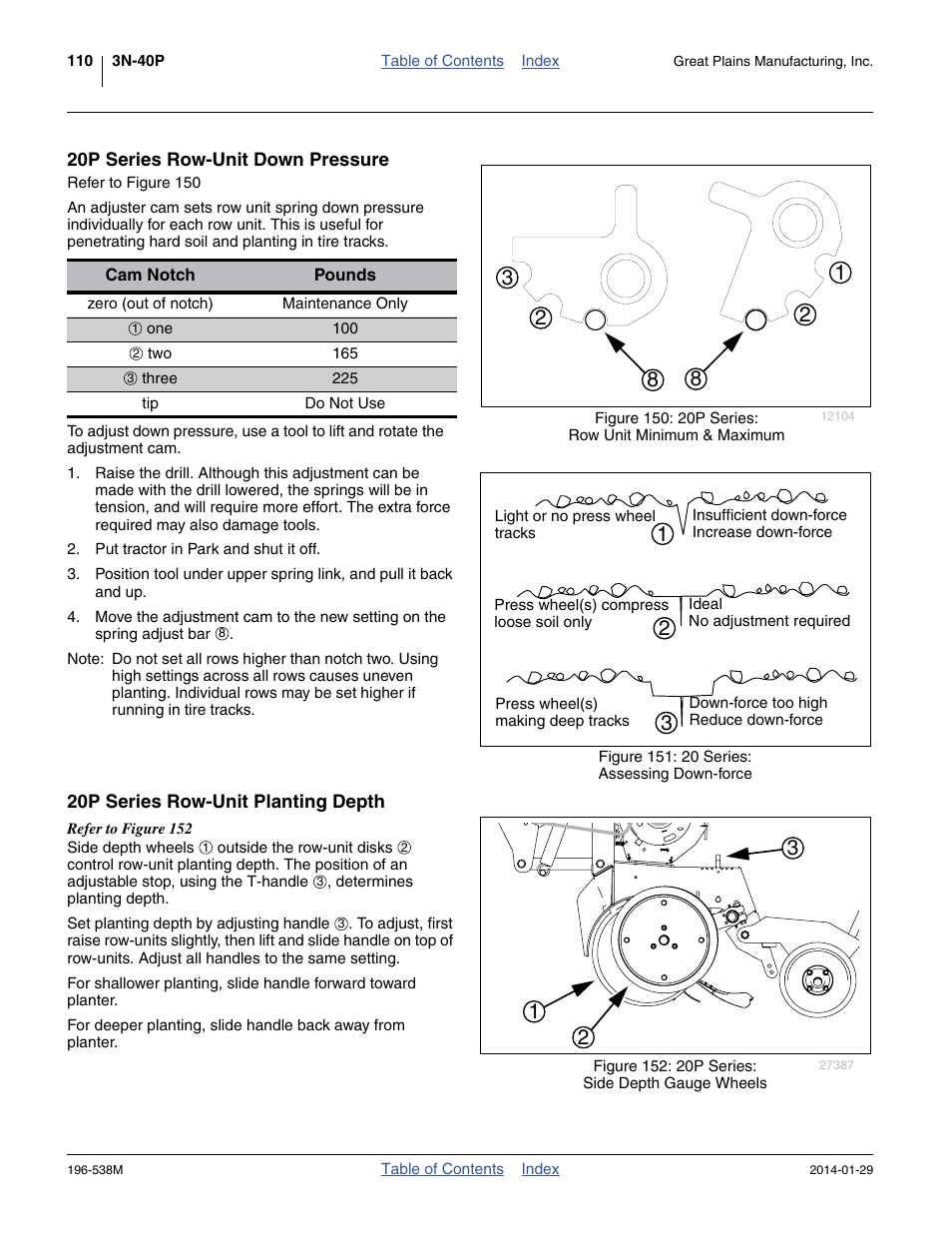 20p series row-unit down pressure, 20p series row-unit planting depth | Great Plains 3N-4025P Operator Manual User Manual | Page 114 / 194