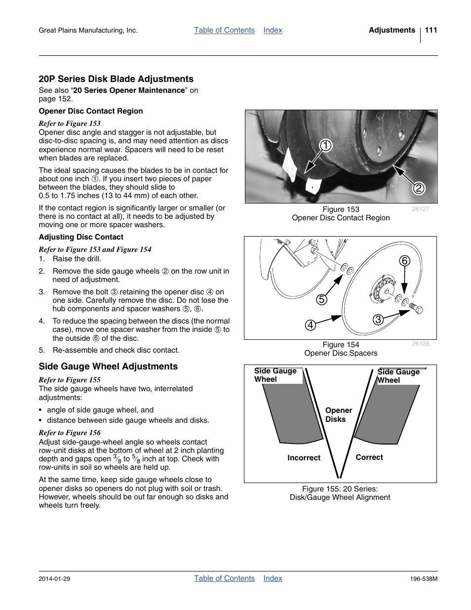 20p series disk blade adjustments, Opener disc contact region, Adjusting disc contact | Side gauge wheel adjustments | Great Plains 3N-4025P Operator Manual User Manual | Page 115 / 194