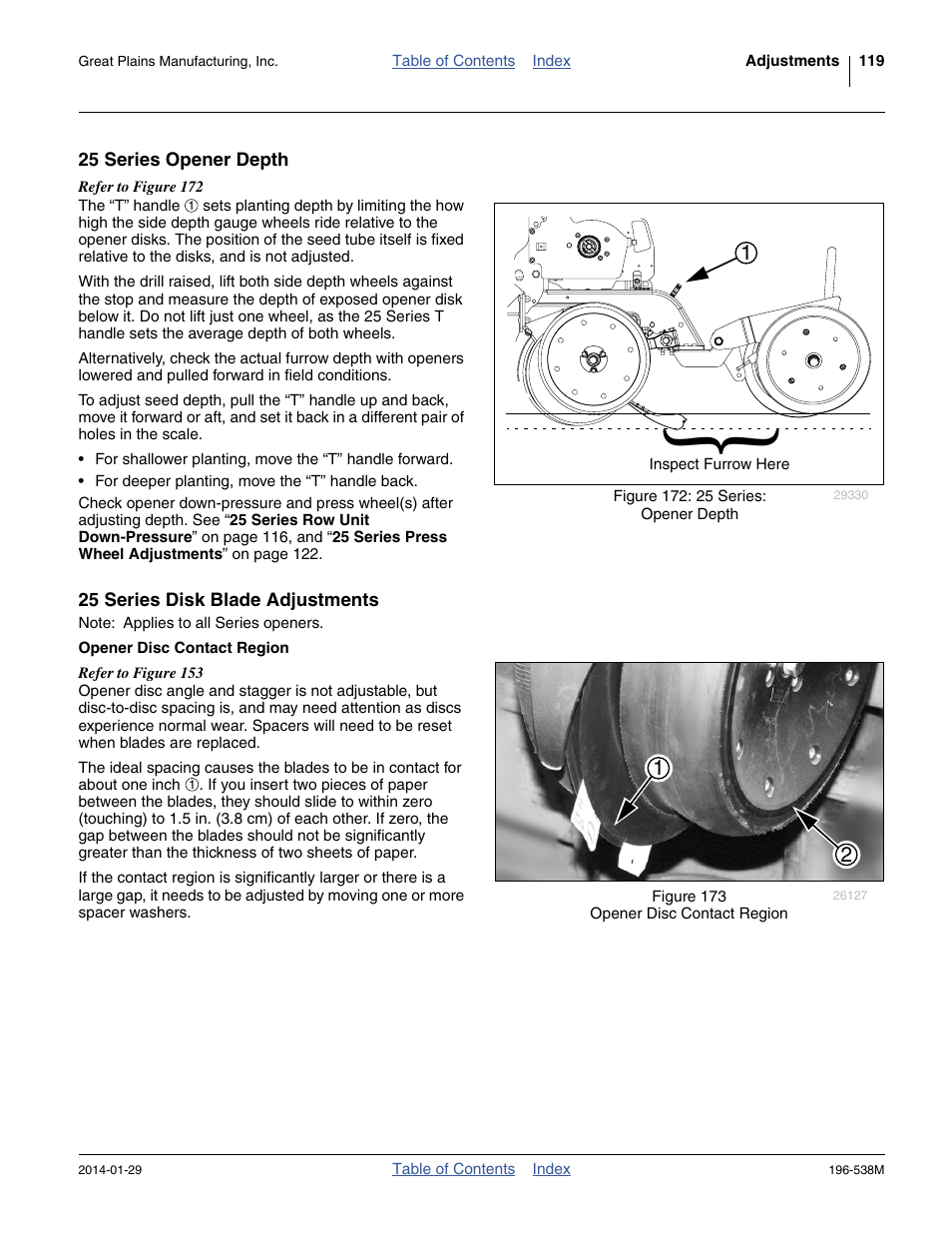 25 series opener depth, 25 series disk blade adjustments, Opener disc contact region | Great Plains 3N-4025P Operator Manual User Manual | Page 123 / 194