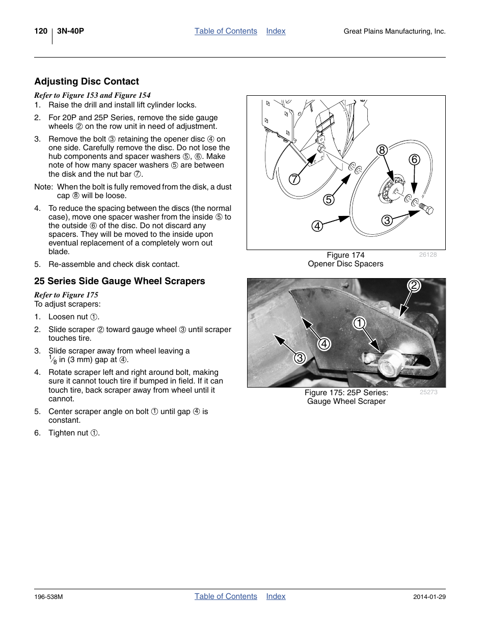 Adjusting disc contact, 25 series side gauge wheel scrapers | Great Plains 3N-4025P Operator Manual User Manual | Page 124 / 194