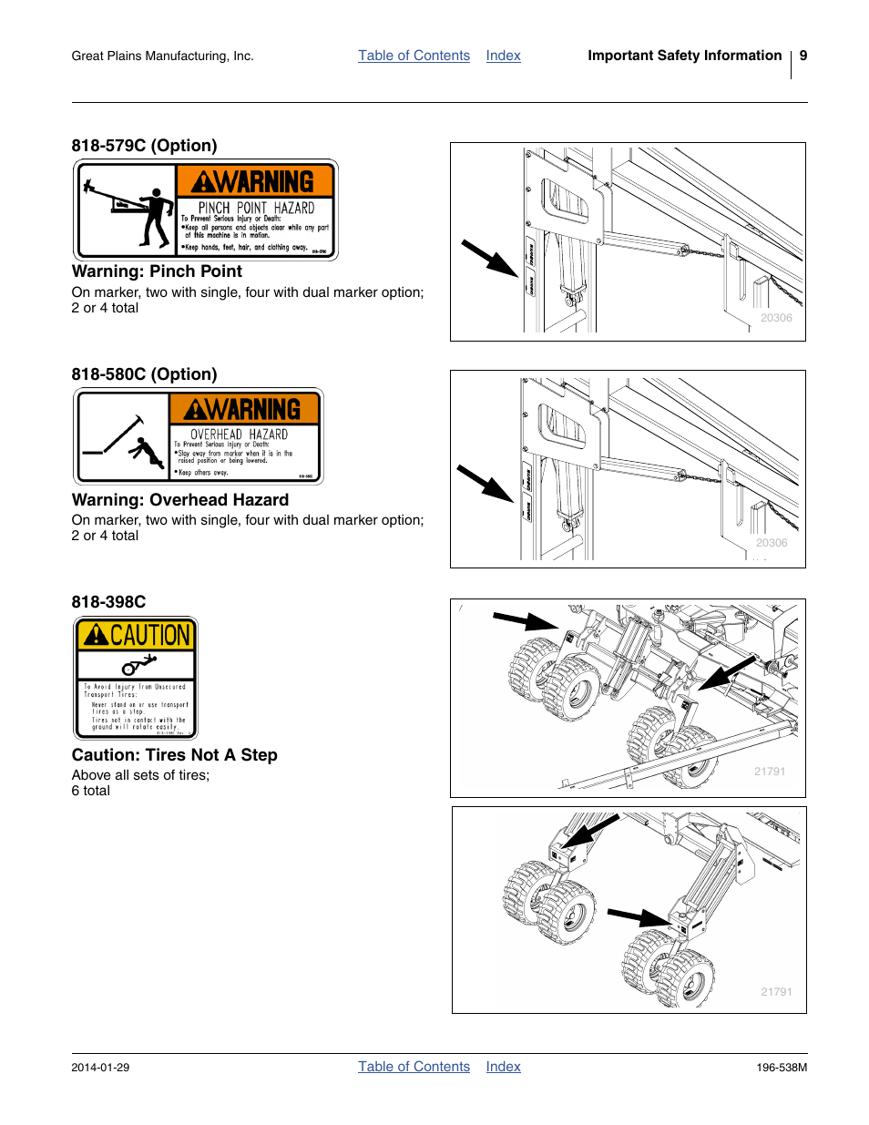 579c (option) warning: pinch point, 580c (option) warning: overhead hazard, 398c caution: tires not a step | Great Plains 3N-4025P Operator Manual User Manual | Page 13 / 194