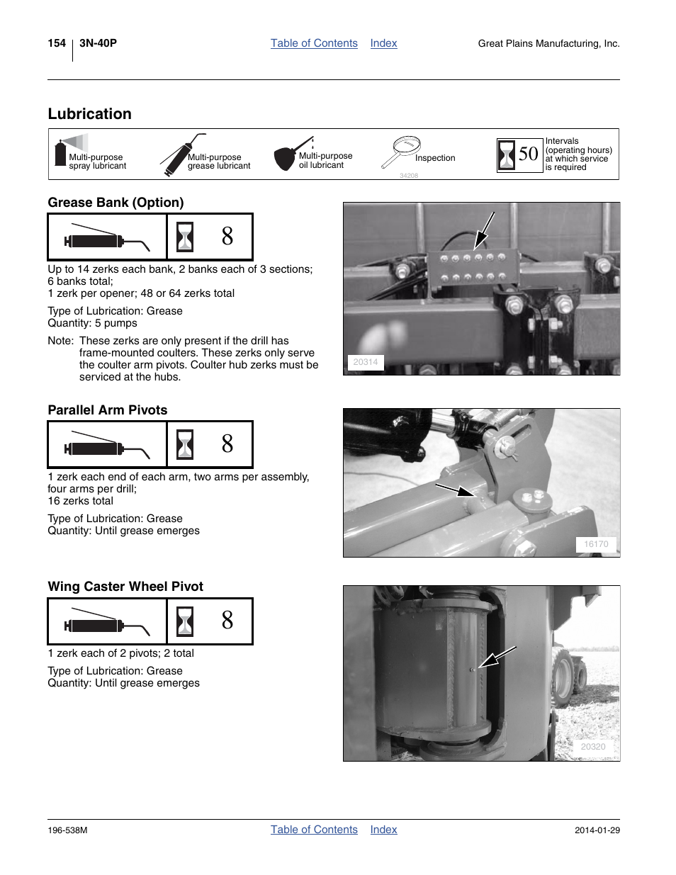 Lubrication, Grease bank (option), Parallel arm pivots | Wing caster wheel pivot | Great Plains 3N-4025P Operator Manual User Manual | Page 158 / 194
