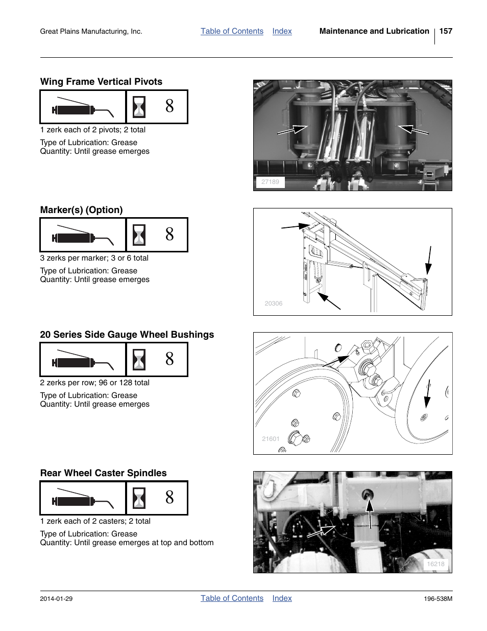 Wing frame vertical pivots, Marker(s) (option), 20 series side gauge wheel bushings | Rear wheel caster spindles | Great Plains 3N-4025P Operator Manual User Manual | Page 161 / 194