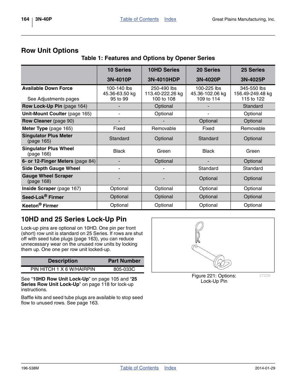 Row unit options, Side depth gauge wheel, Seed-lok® firmer | Keeton® firmer, 10hd and 25 series lock-up pin, Row unit options 10hd and 25 series lock-up pin | Great Plains 3N-4025P Operator Manual User Manual | Page 168 / 194
