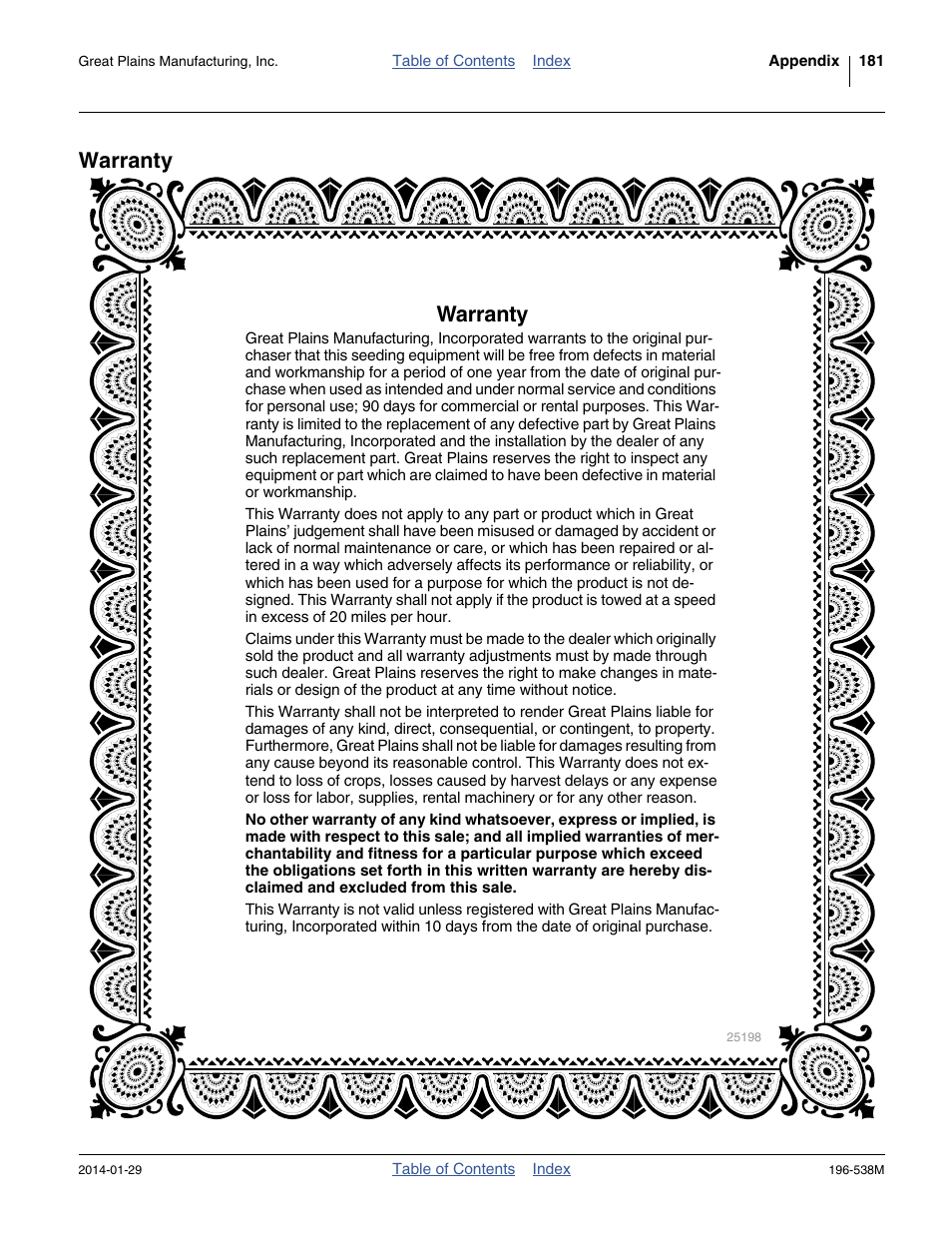 Warranty | Great Plains 3N-4025P Operator Manual User Manual | Page 185 / 194