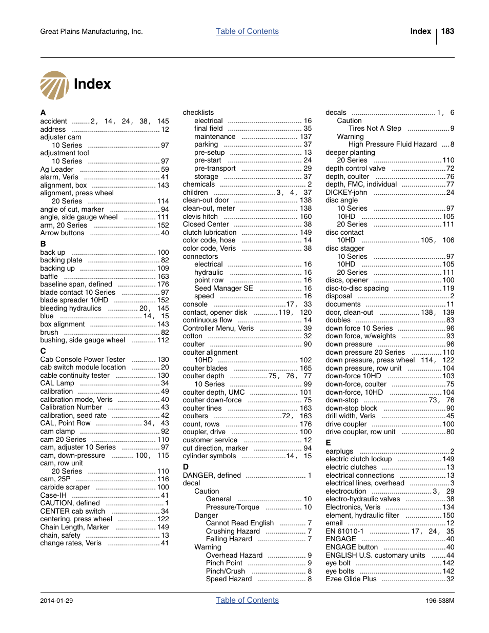 Index | Great Plains 3N-4025P Operator Manual User Manual | Page 187 / 194