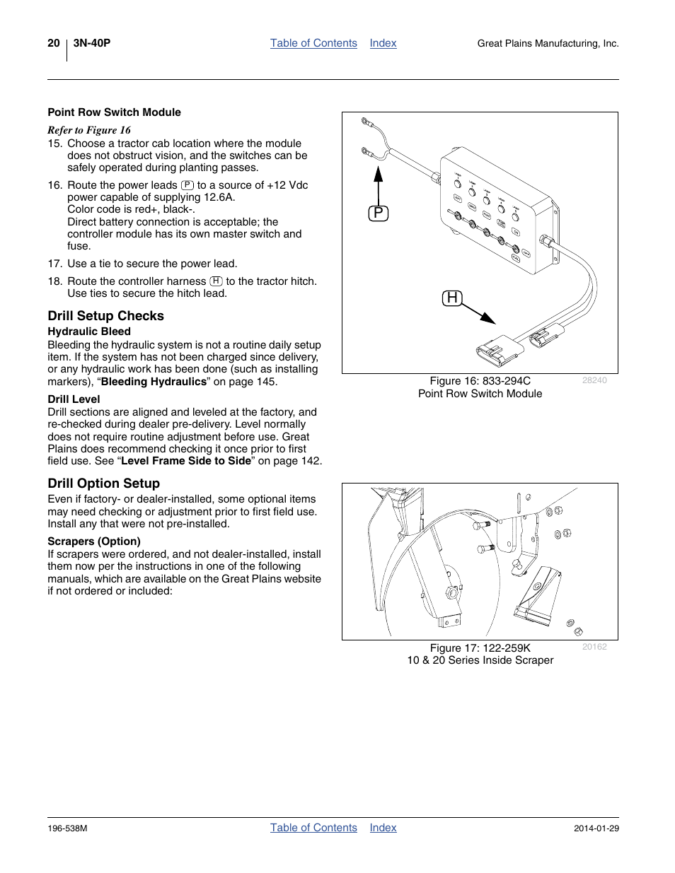 Point row switch module, Drill setup checks, Hydraulic bleed | Drill level, Drill option setup, Scrapers (option), Hydraulic bleed drill level | Great Plains 3N-4025P Operator Manual User Manual | Page 24 / 194