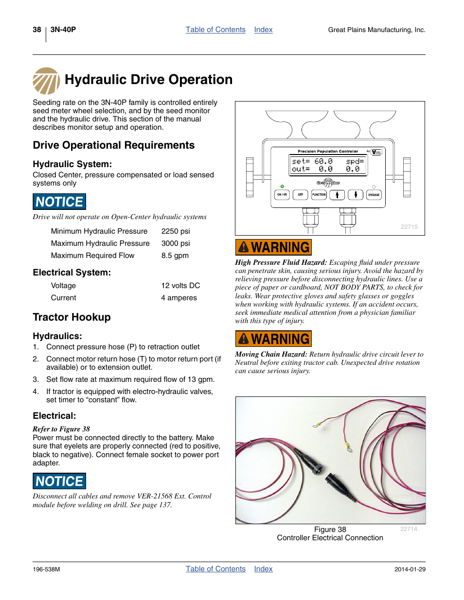 Hydraulic drive operation, Drive operational requirements, Hydraulic system | Electrical system, Tractor hookup, Hydraulics, Electrical, Hydraulic system: electrical system, Hydraulics: electrical | Great Plains 3N-4025P Operator Manual User Manual | Page 42 / 194