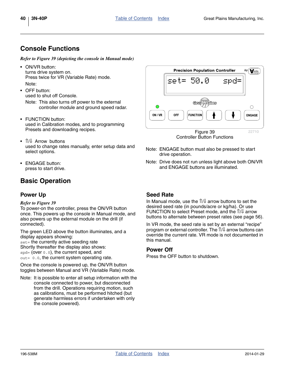 Console functions, Basic operation, Power up | Seed rate, Power off, Console functions basic operation, Power up seed rate power off | Great Plains 3N-4025P Operator Manual User Manual | Page 44 / 194
