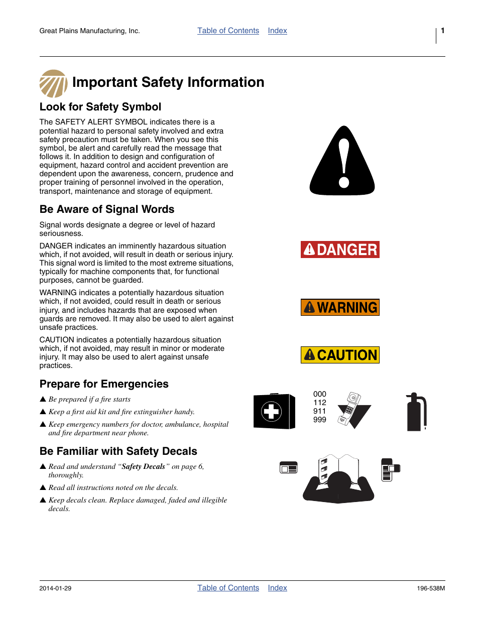 Important safety information, Look for safety symbol, Be aware of signal words | Prepare for emergencies, Be familiar with safety decals | Great Plains 3N-4025P Operator Manual User Manual | Page 5 / 194