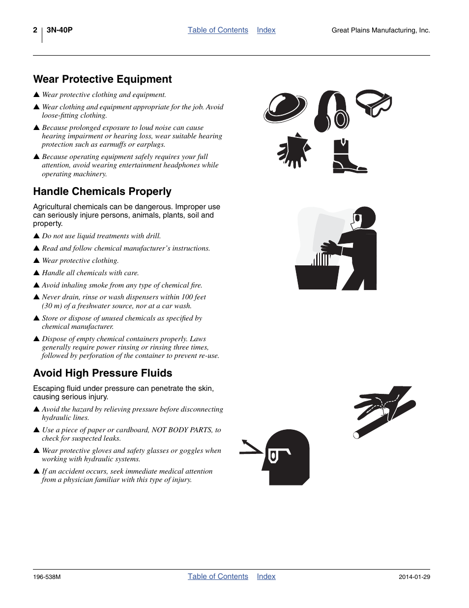 Wear protective equipment, Handle chemicals properly, Avoid high pressure fluids | Great Plains 3N-4025P Operator Manual User Manual | Page 6 / 194