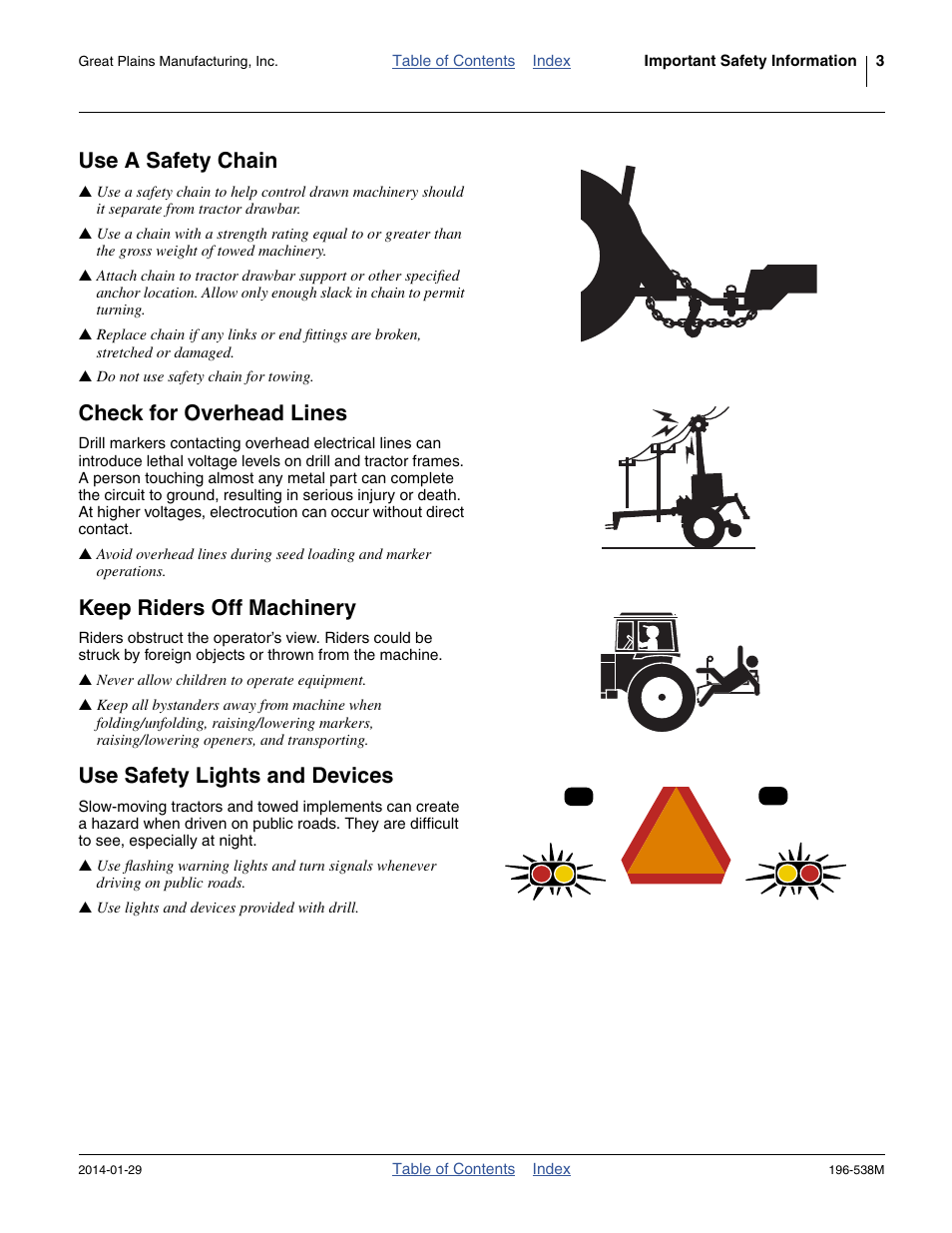 Use a safety chain, Check for overhead lines, Keep riders off machinery | Use safety lights and devices | Great Plains 3N-4025P Operator Manual User Manual | Page 7 / 194