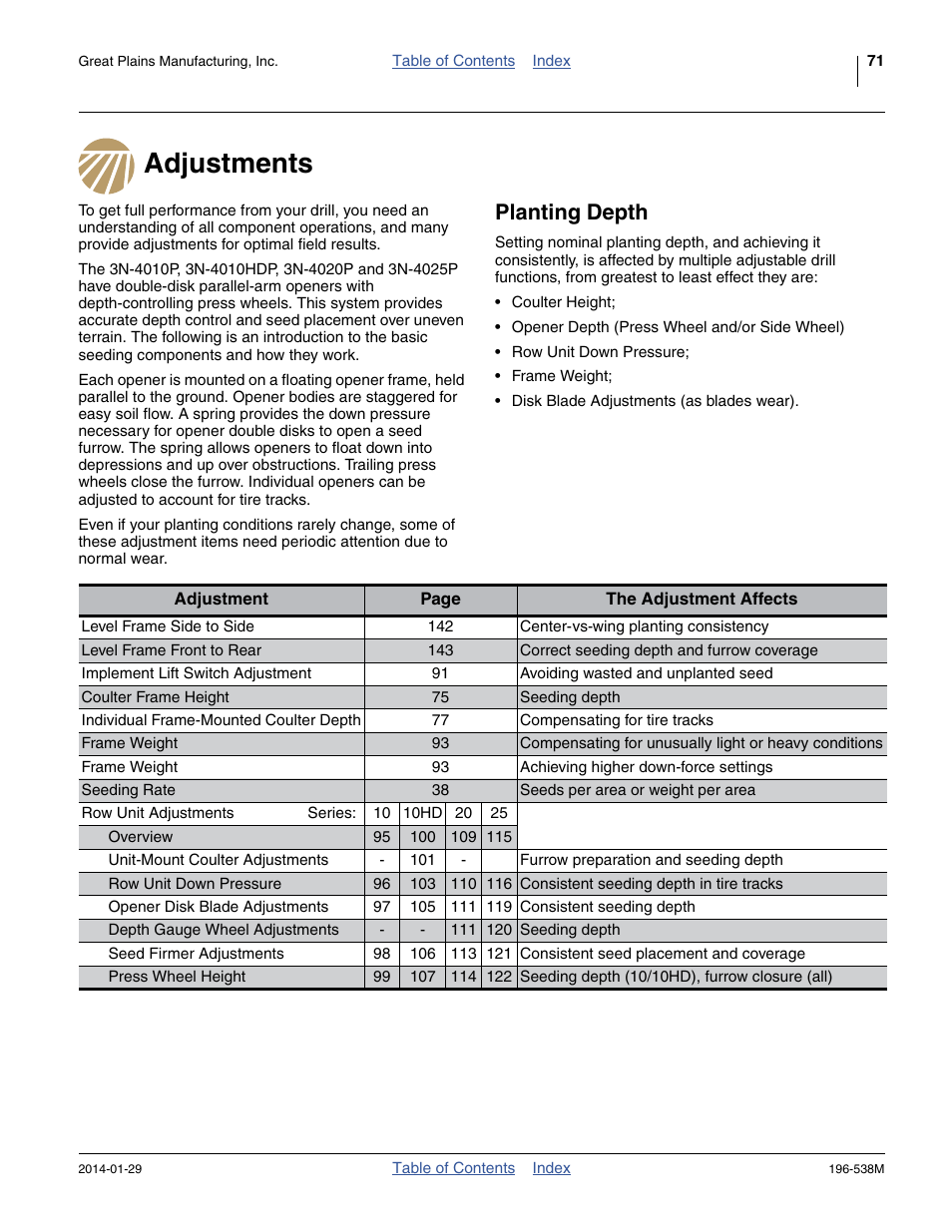 Adjustments, Planting depth, Adjustments planting depth | Great Plains 3N-4025P Operator Manual User Manual | Page 75 / 194
