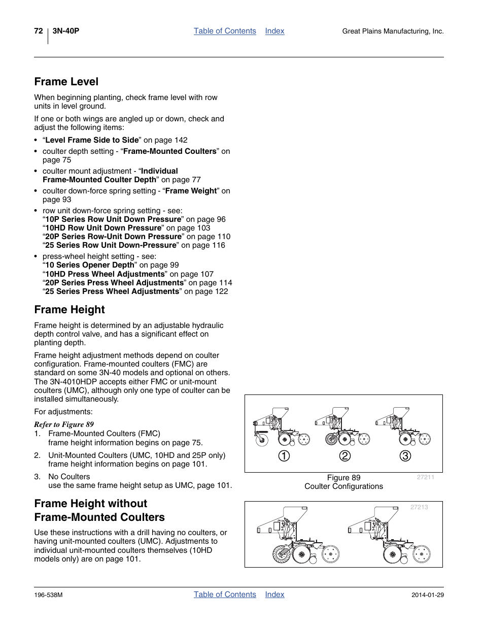 Frame level, Frame height, Frame height without frame-mounted coulters | Great Plains 3N-4025P Operator Manual User Manual | Page 76 / 194