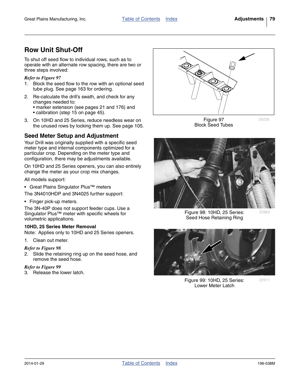 Row unit shut-off, Seed meter setup and adjustment, 10hd, 25 series meter removal | 79 f | Great Plains 3N-4025P Operator Manual User Manual | Page 83 / 194