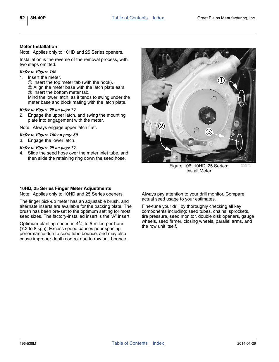 Meter installation, 10hd, 25 series finger meter adjustments | Great Plains 3N-4025P Operator Manual User Manual | Page 86 / 194