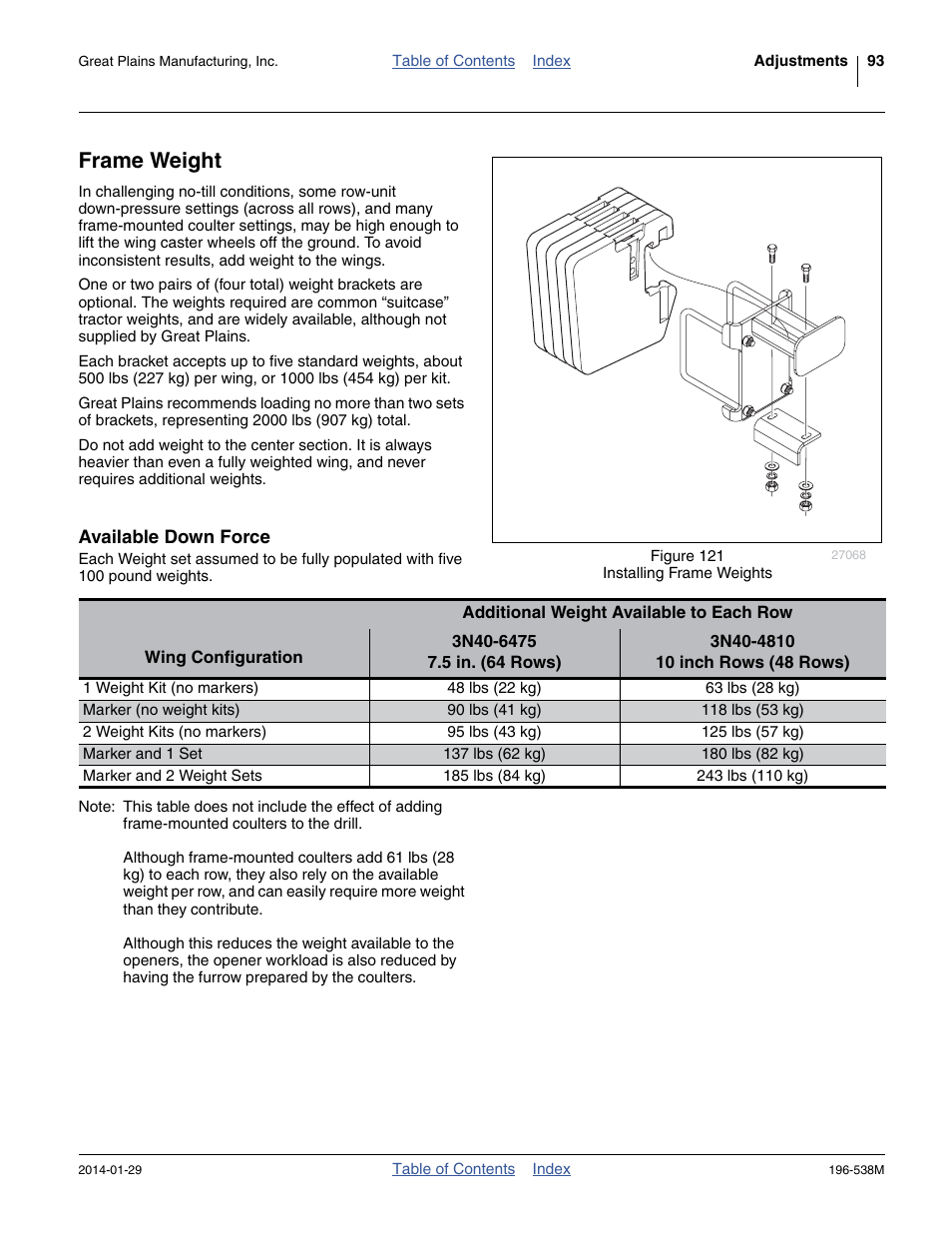 Frame weight, Available down force, Frame weight ” on | Great Plains 3N-4025P Operator Manual User Manual | Page 97 / 194