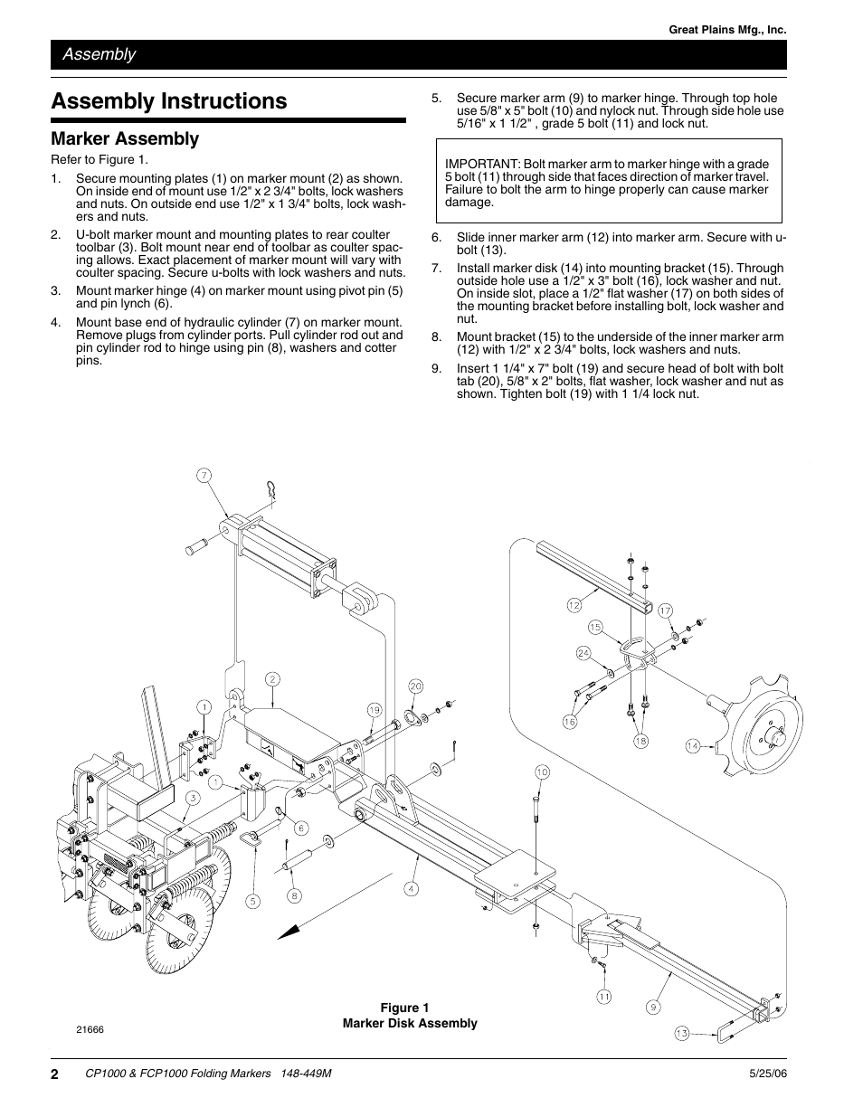 Assembly instructions, Marker assembly, Assembly | Great Plains FCP1000 Assembly Instructions User Manual | Page 2 / 6