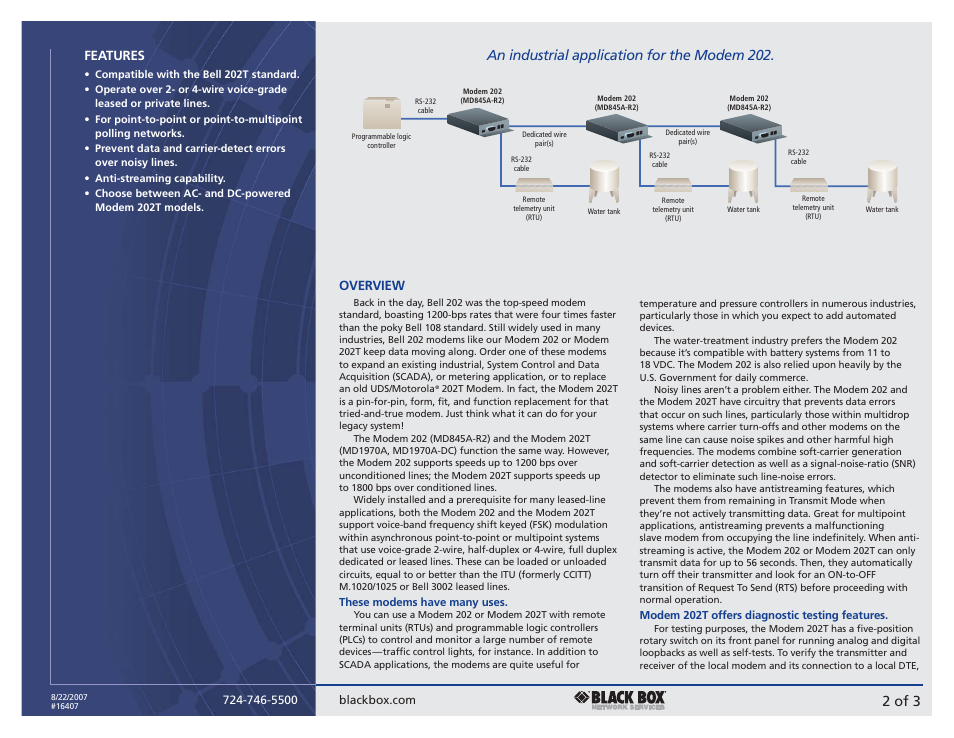 2 of 3, An industrial application for the modem 202, Features | Overview | Black Box 202T User Manual | Page 2 / 3