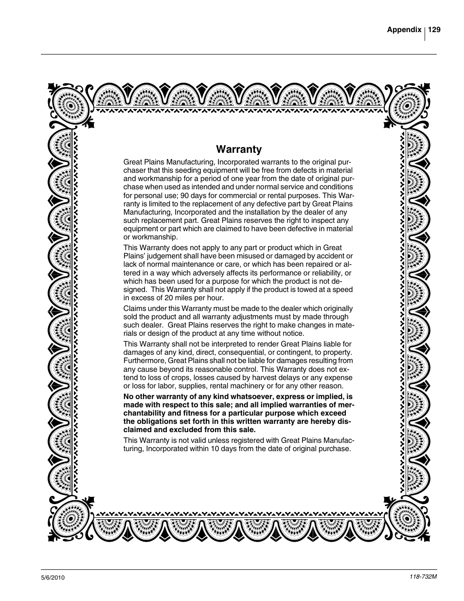 Warranty | Great Plains 1520P Operator Manual User Manual | Page 131 / 134