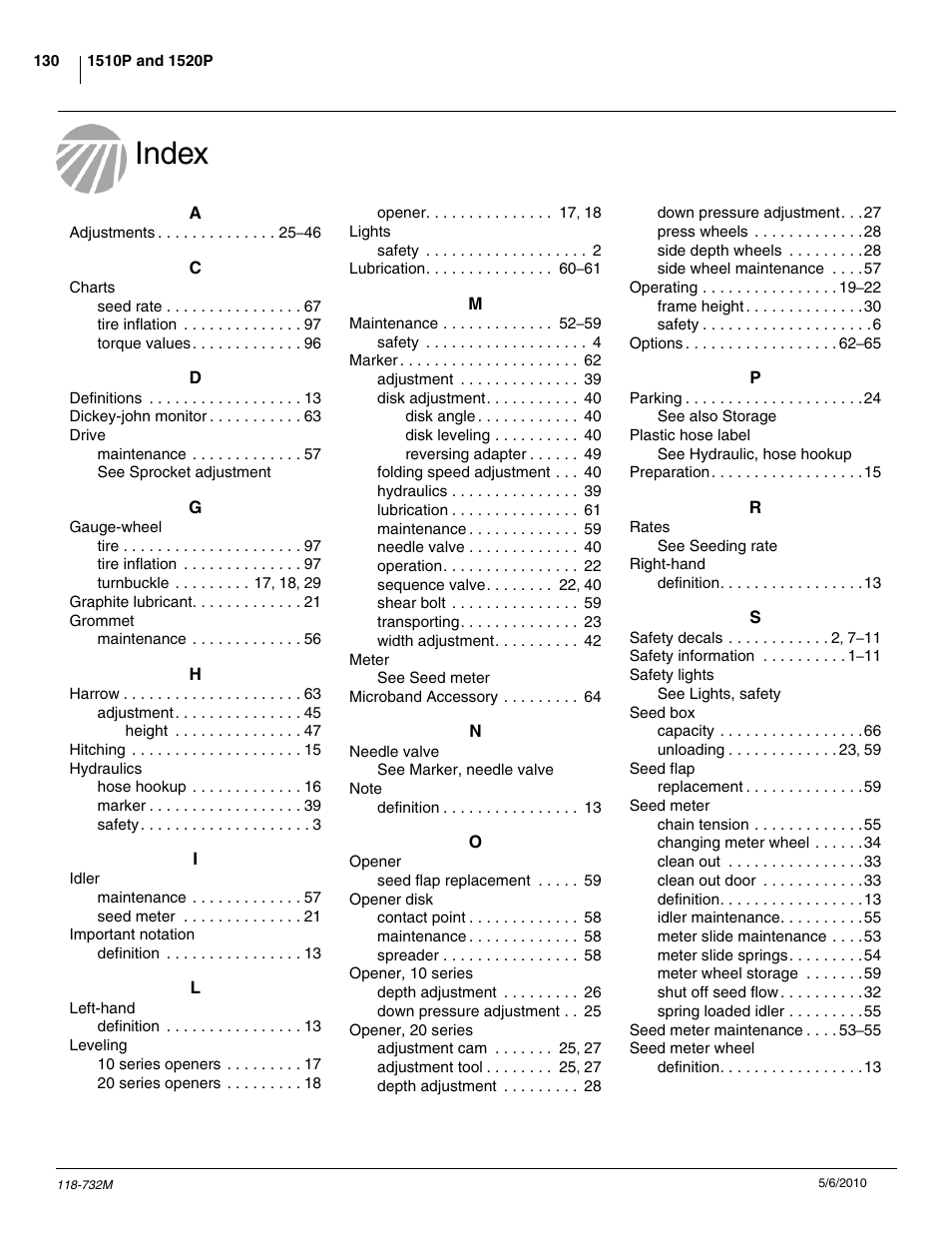 Index | Great Plains 1520P Operator Manual User Manual | Page 132 / 134