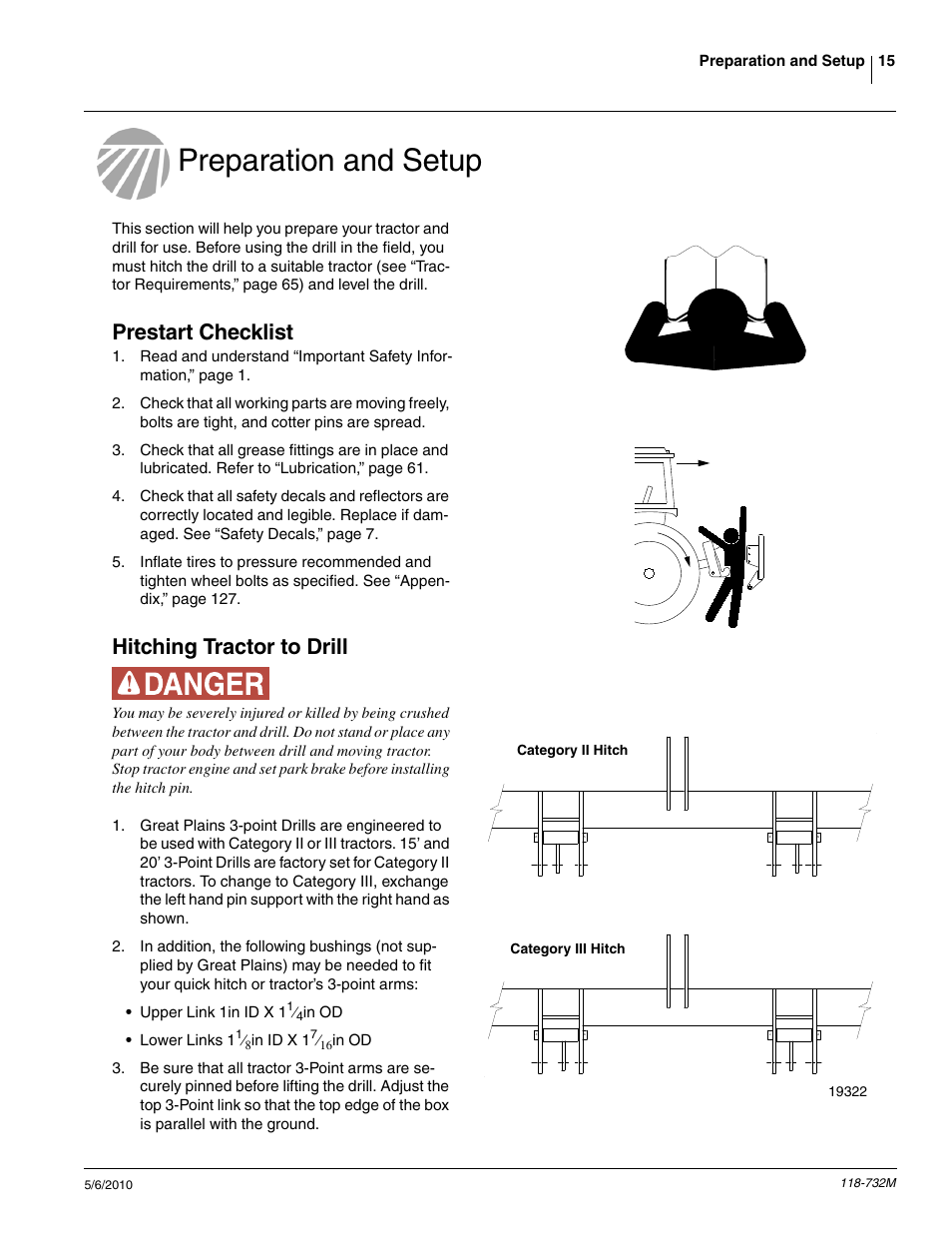 Preparation and setup, Prestart checklist, Hitching tractor to drill | Great Plains 1520P Operator Manual User Manual | Page 17 / 134