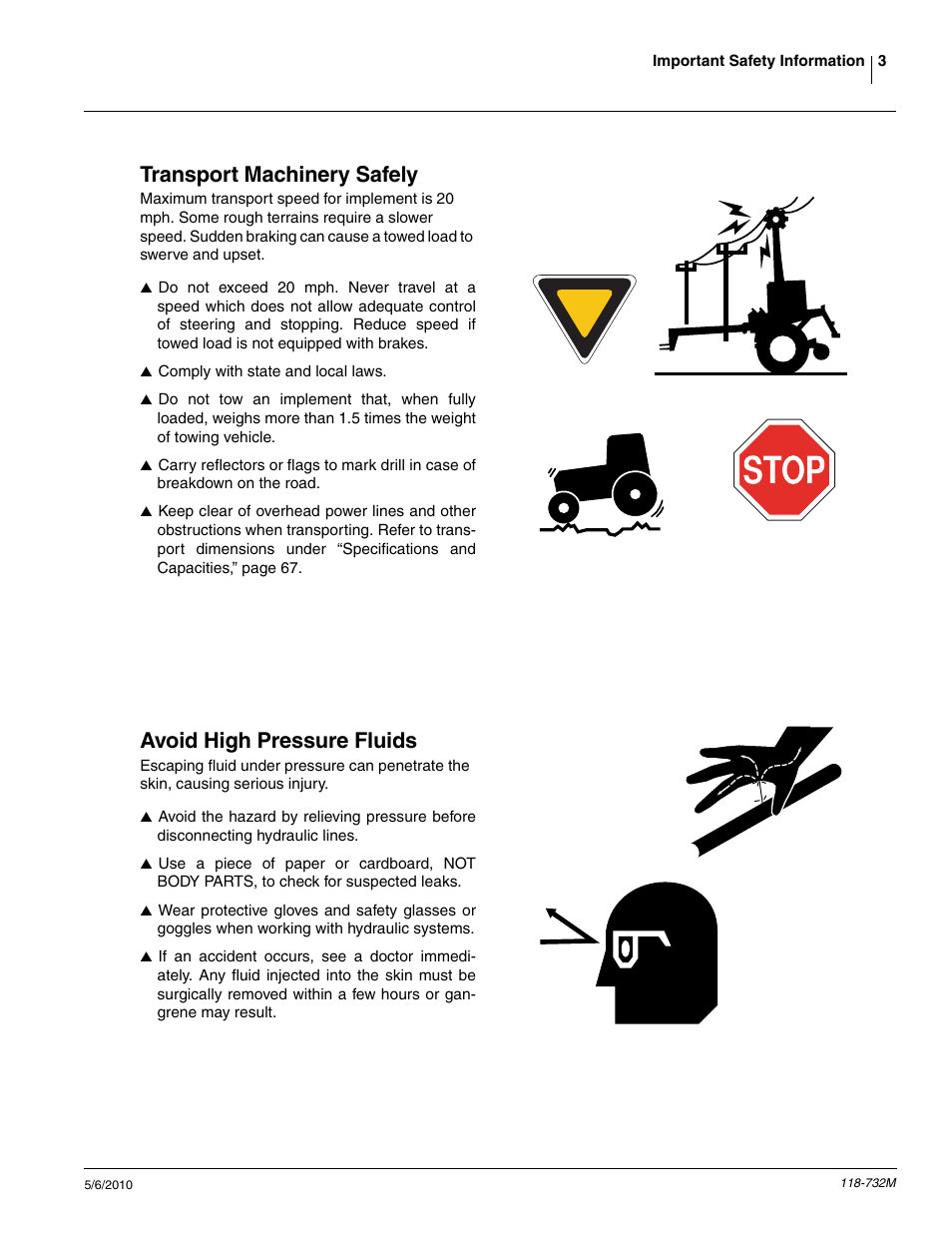 Transport machinery safely, Avoid high pressure fluids | Great Plains 1520P Operator Manual User Manual | Page 5 / 134