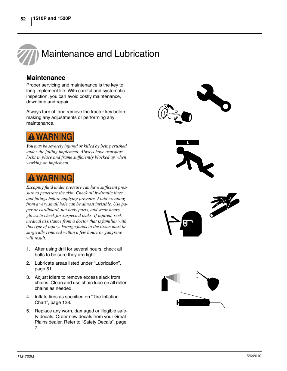 Maintenance and lubrication, Maintenance | Great Plains 1520P Operator Manual User Manual | Page 54 / 134