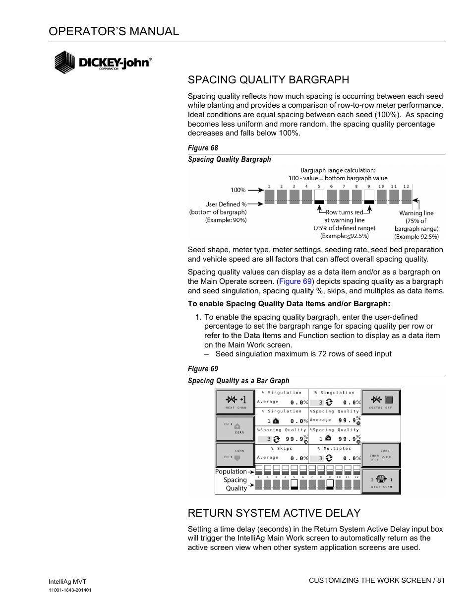 Operator’s manual, Spacing quality bargraph, Return system active delay | Great Plains DICKEY-john MVT Monitor Operator User Manual | Page 90 / 122