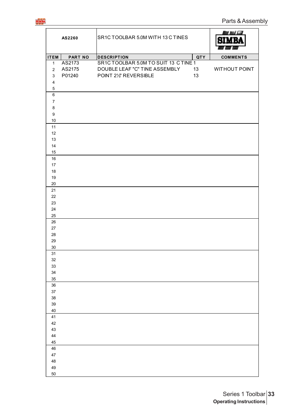33 series 1 toolbar, Parts & assembly | Great Plains Series 1 Toolbar Assembly Instructions User Manual | Page 13 / 54