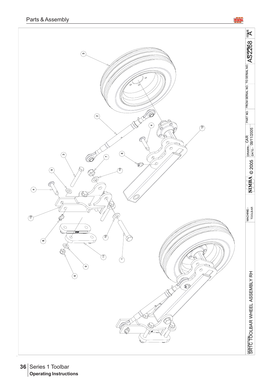 Aas22 6 8, Series 1 toolbar, 36 parts & assembly | Great Plains Series 1 Toolbar Assembly Instructions User Manual | Page 16 / 54