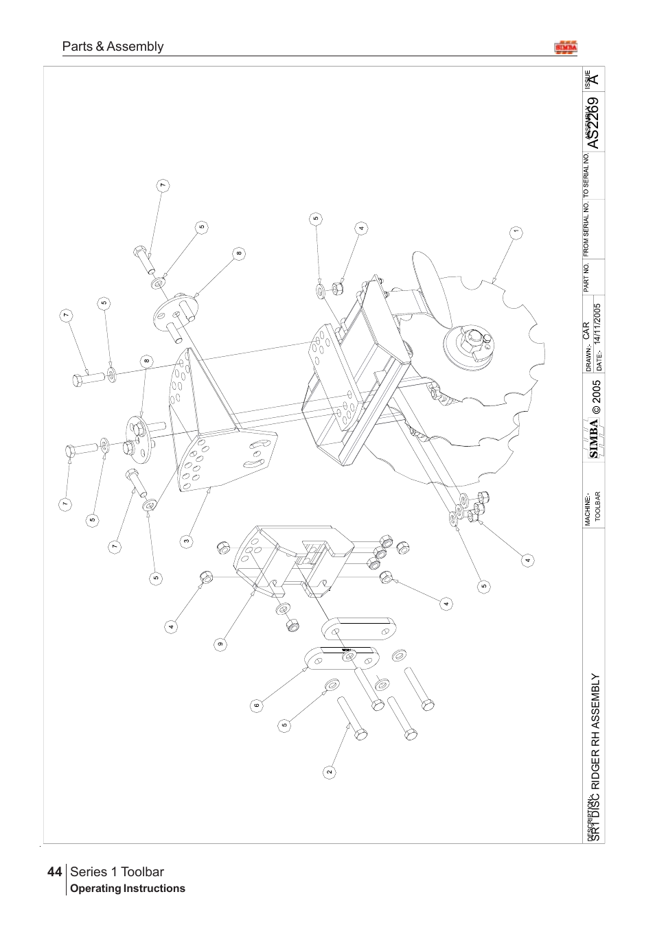 Aas22 6 9, Series 1 toolbar, 44 parts & assembly | Great Plains Series 1 Toolbar Assembly Instructions User Manual | Page 24 / 54