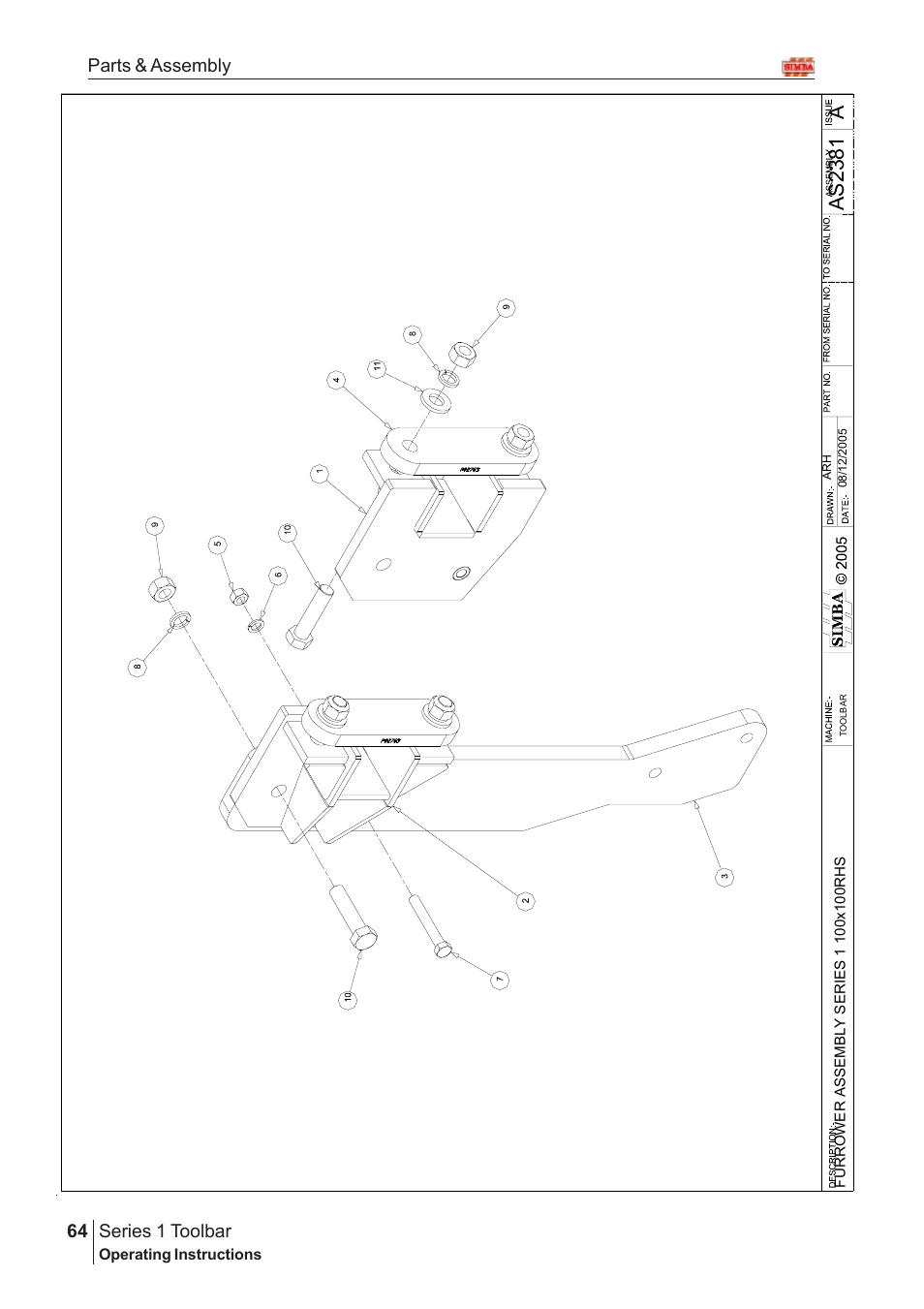 Aas23 8 1, Series 1 toolbar, 64 parts & assembly | Great Plains Series 1 Toolbar Assembly Instructions User Manual | Page 44 / 54