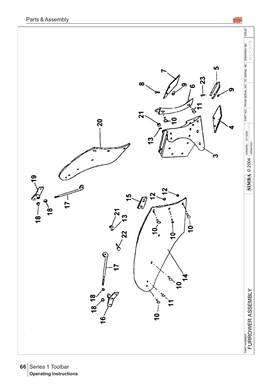 Series 1 toolbar, 66 parts & assembly, Fu r r ow er a sse mb ly | Operating instructions, Si mb a © 2004 | Great Plains Series 1 Toolbar Assembly Instructions User Manual | Page 46 / 54
