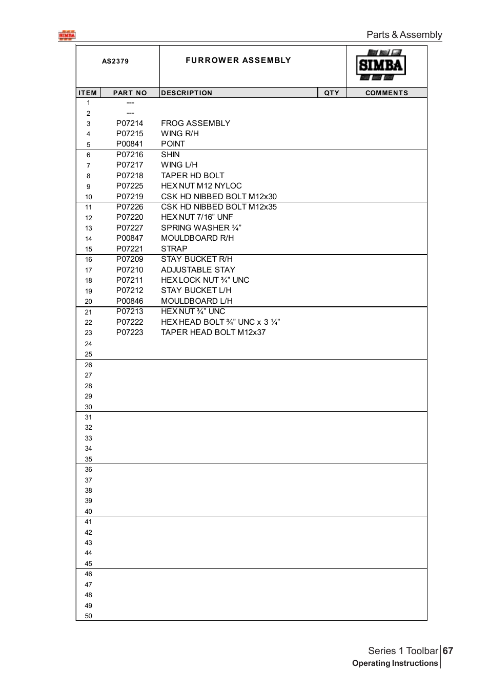 67 series 1 toolbar, Parts & assembly | Great Plains Series 1 Toolbar Assembly Instructions User Manual | Page 47 / 54