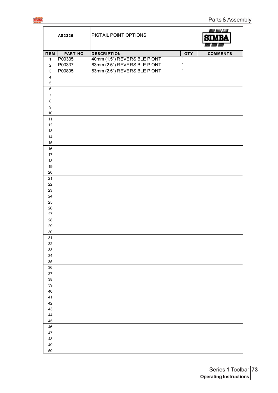 73 series 1 toolbar, Parts & assembly | Great Plains Series 1 Toolbar Assembly Instructions User Manual | Page 53 / 54