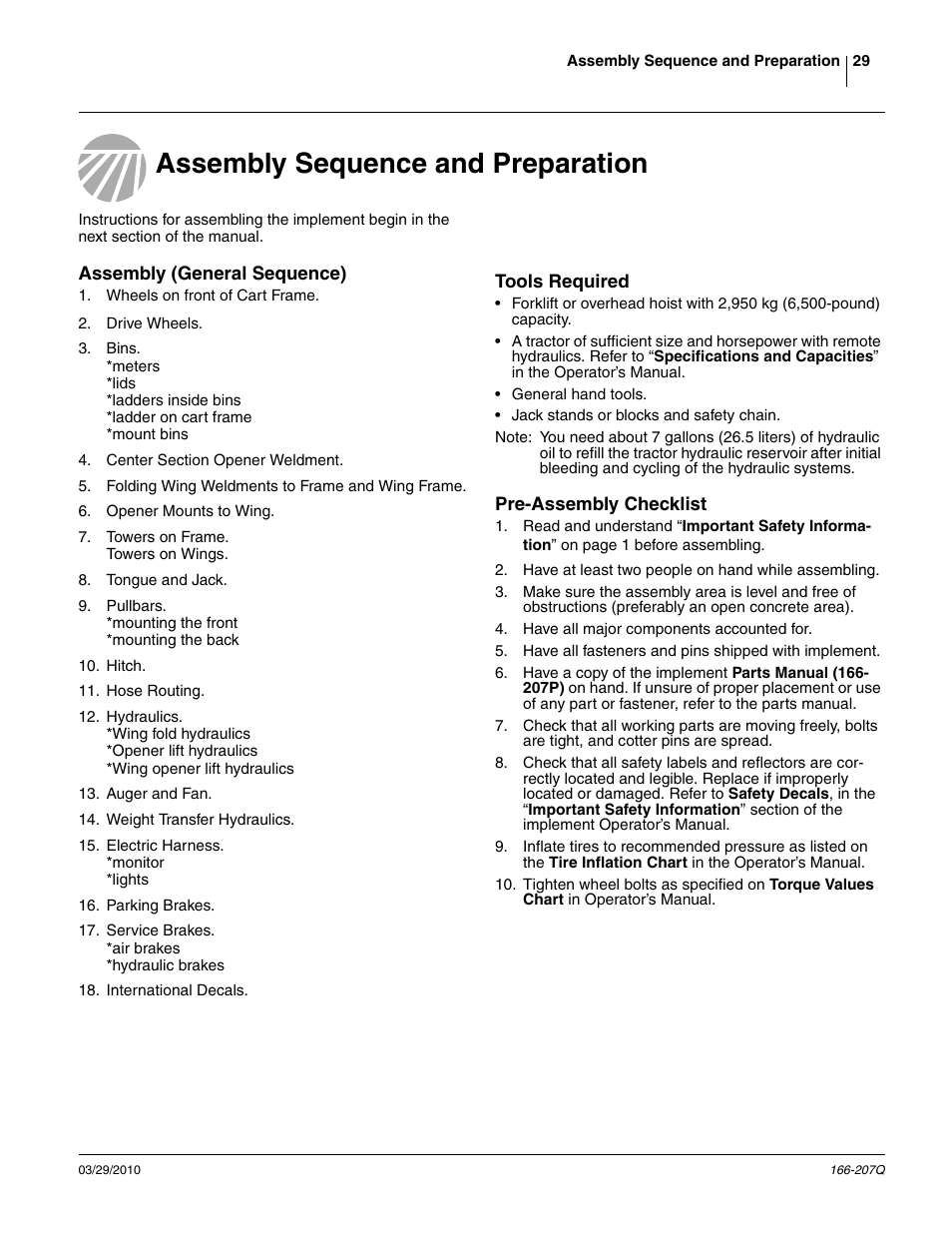 Assembly sequence and preparation, Assembly (general sequence), Tools required | Pre-assembly checklist | Great Plains NTA3007HD Predelivery Manual User Manual | Page 33 / 70