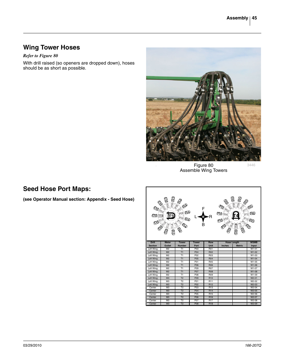 Wing tower hoses, Seed hose port maps, See operator manual section: appendix - seed hose) | Assembly 45, Figure 80 assemble wing towers, Fb l r | Great Plains NTA3007HD Predelivery Manual User Manual | Page 49 / 70