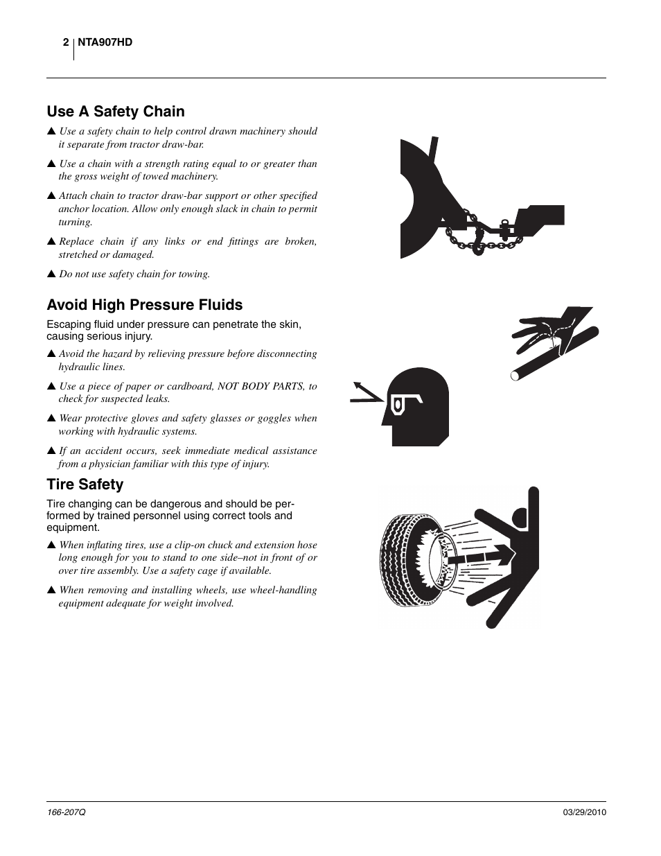 Use a safety chain, Avoid high pressure fluids, Tire safety | Great Plains NTA3007HD Predelivery Manual User Manual | Page 6 / 70