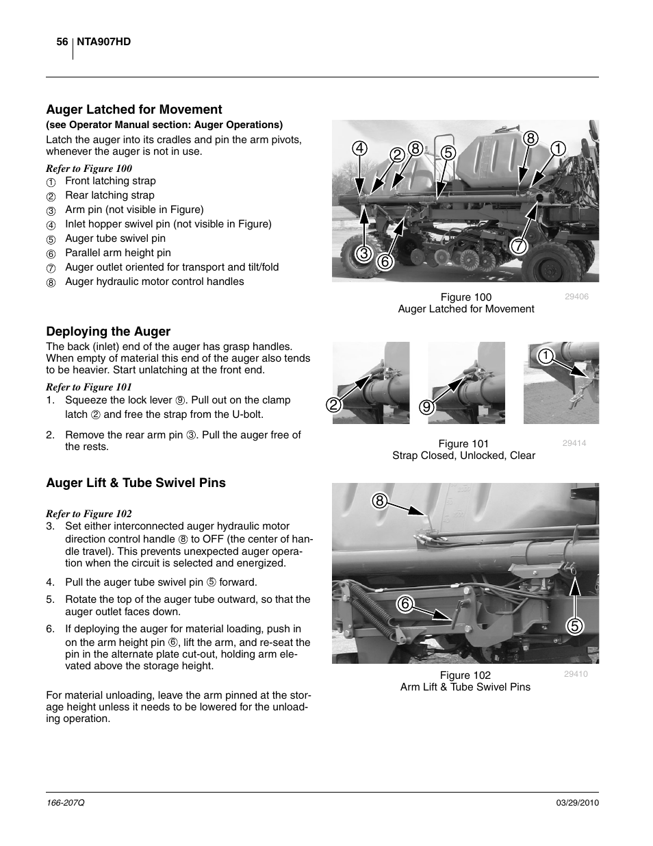 Auger latched for movement, Deploying the auger, Auger lift & tube swivel pins | Great Plains NTA3007HD Predelivery Manual User Manual | Page 60 / 70