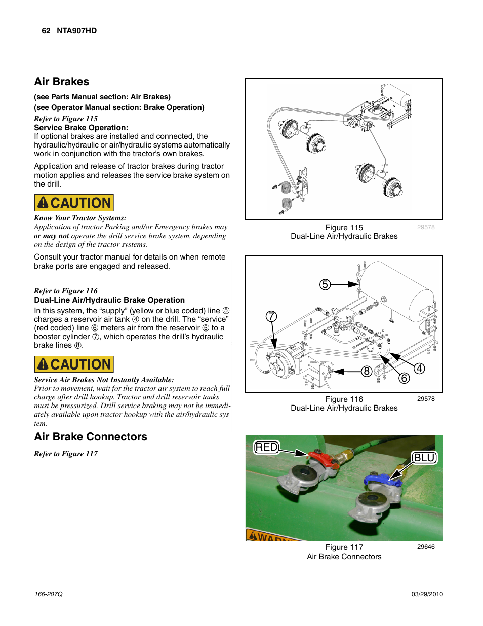 Air brakes, Dual-line air/hydraulic brake operation, Air brake connectors | Red blu | Great Plains NTA3007HD Predelivery Manual User Manual | Page 66 / 70