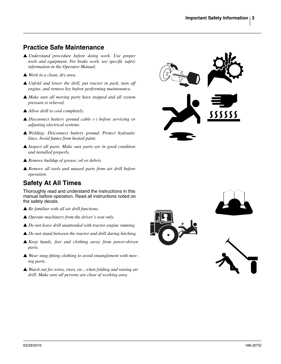 Practice safe maintenance, Safety at all times | Great Plains NTA3007HD Predelivery Manual User Manual | Page 7 / 70