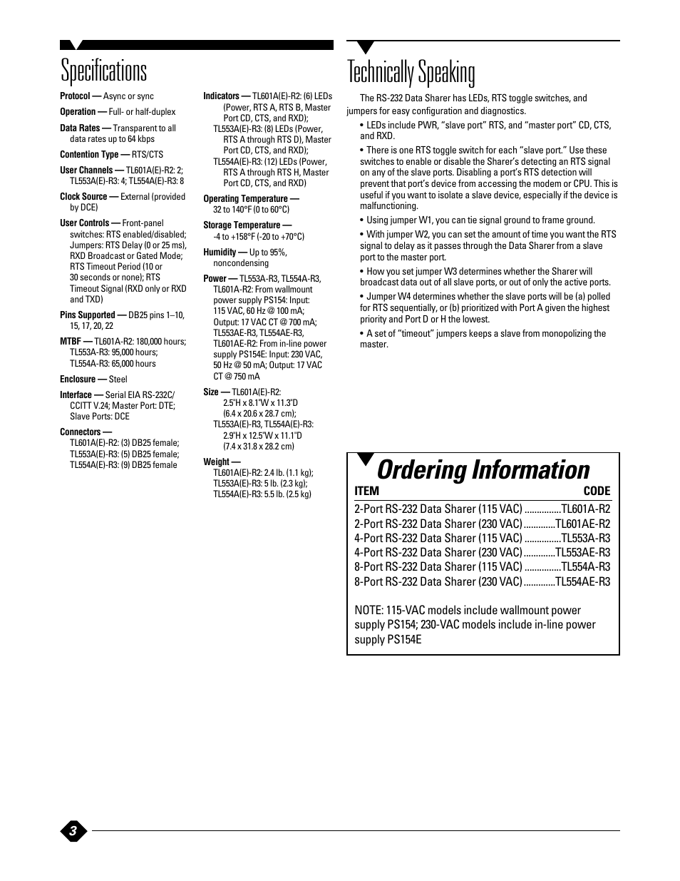 Technically speaking specifications, Ordering information | Black Box DATA SHARER RS-232 User Manual | Page 3 / 3