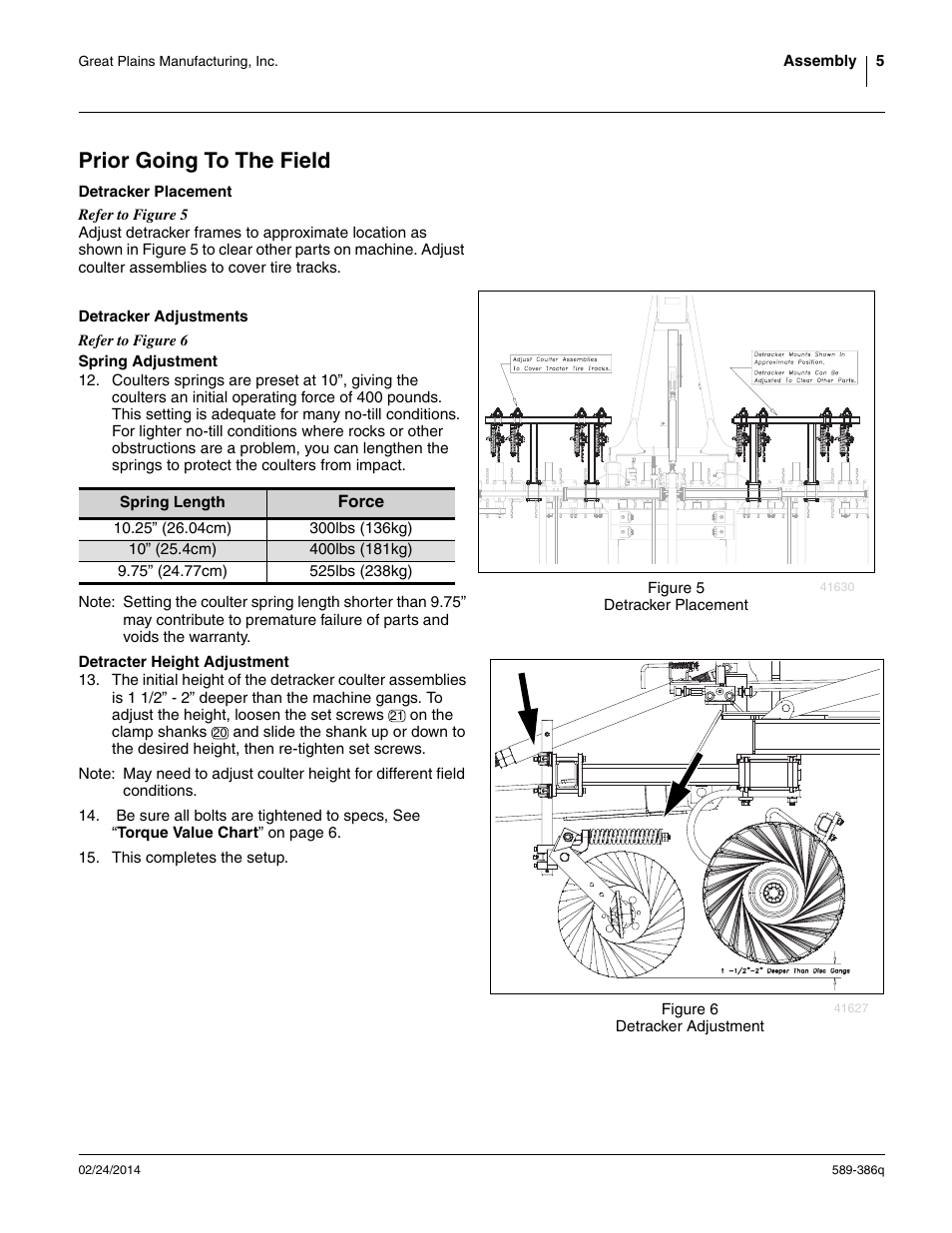 Prior going to the field, Detracker placement, Detracker adjustments | Spring adjustment, Detracter height adjustment | Great Plains Detracker Assembly Instructions User Manual | Page 9 / 12